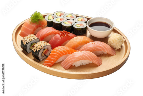 Assorted Sushi Platter with Soy Sauce and Pickled Ginger�Isolated on a transparent background