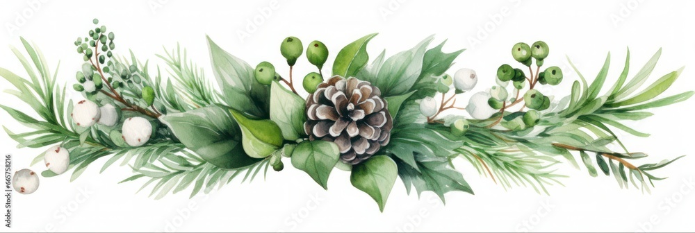 Fototapeta premium Watercolor Christmas Greenery Bouquet with Pine Cone, Mistletoe, and Eucalyptus Branches: Aesthetic Illustration for Winter Promotions and Special Occasions