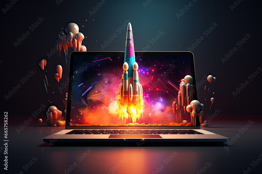 Rocket coming out of a laptop screen. Modern technology, online marketing and success concept. - obrazy, fototapety, plakaty 