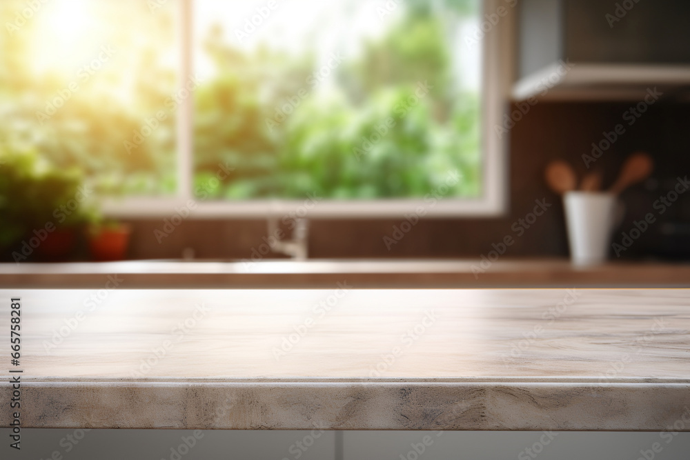 A kitchen table with an empty countertop opposite the window, a place to present your product. Cooking mockup.