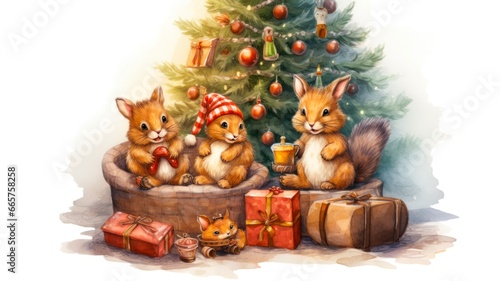 Watercolor Sketch of Festive Rodents Sleeping by the Fireplace with Presents and Tree in the Background.