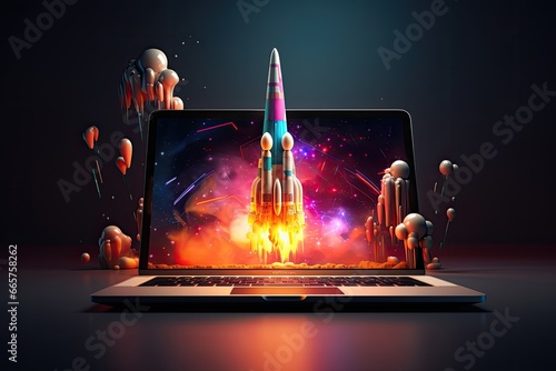 Rocket coming out of a laptop screen. Modern technology, online marketing and success concept.