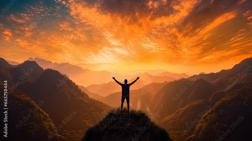 Freedom and adventure of travel, silhouette of a person raising their hands in prayer at the mountain peak with the sun setting in the sky, AI generative - obrazy, fototapety, plakaty 