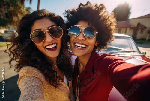 Two women strike a cool and confident pose, their smiles shining under the sunny sky as they sport stylish sunglasses and stand next to a sleek car