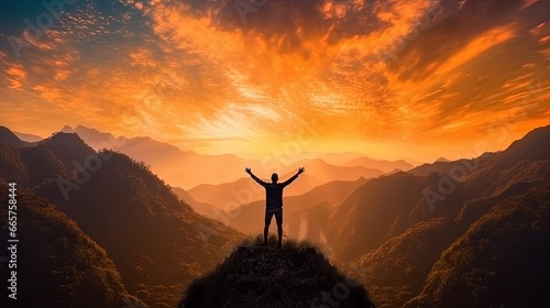 Freedom and adventure of travel, silhouette of a person raising their hands in prayer at the mountain peak with the sun setting in the sky, AI generative photo
