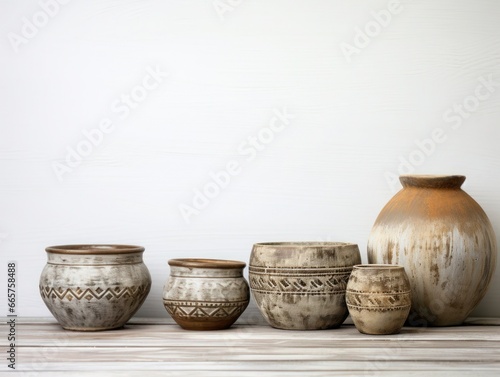 Ceramic beige and brown different pots stand in a row on wooden light background, Scandinavian style.