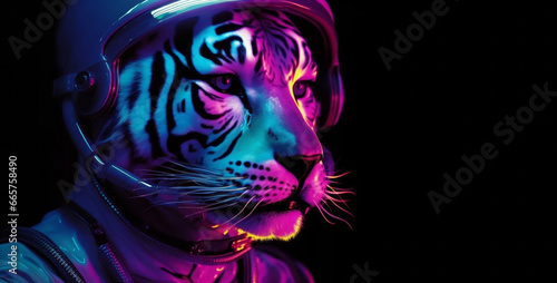 Cyber futuristic tiger in astronaut suit. Abstract creative scene with animal in universe. Purple blue pink neon background. Copy space.