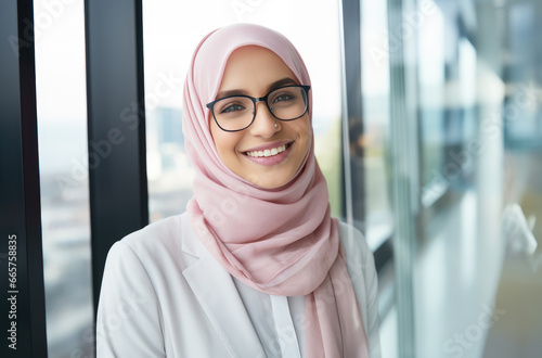 A stylish woman radiates confidence with her warm smile and chic combination of glasses, a pink scarf, and a hijab indoors