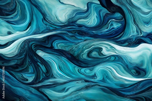  Layers of emerald and sapphire paint blending into an intricate, liquid tapestry in dark and deep blue color 