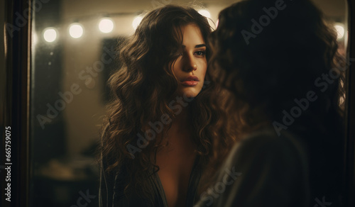 A dark-haired woman gazes intently at her reflection in a mirror, her piercing eyes and elegant clothing contrasting against the dimly lit indoor setting photo