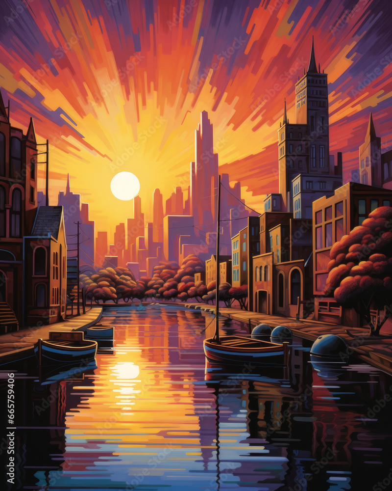 Fototapeta premium Twilight Waterfront Charm: Three Boats Silhouetted Against a Sunset Skyline, Where Buildings Reflect in the Tranquil Waterway