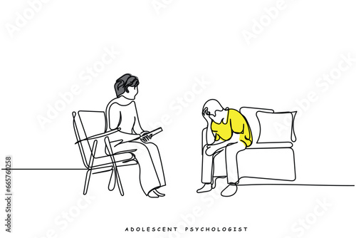  line art of psychologist or Counselor with teenage or adolescent preteen kids. Positive psychology. Mindset. Teenage problems and their solutions. School counselor facility. Mental health.