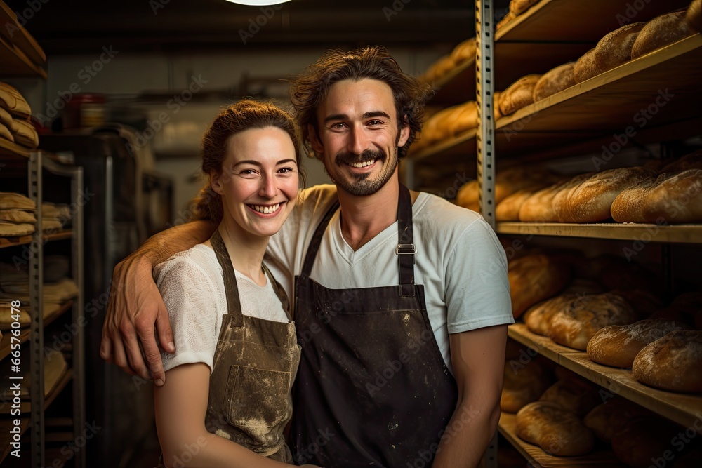 Two happy bakers at work. Two happy bakers at work.