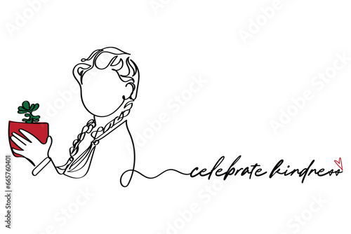 line art of little girl holding beautiful flowers for the loved ones. Giving flowers is the gesture of love and kindness. Celebrate kindness. Kind is cool. Daughters day vector art.