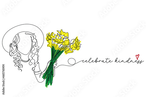 line art of little girl holding beautiful flowers for the loved ones. Giving flowers is the gesture of love and kindness. Celebrate kindness. Kind is cool. Daughters day vector art.