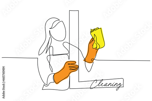  line art of a female cleaner. Professional janitor at your service. Minimal vector art. Isolated vector. Professional cleaning employee.