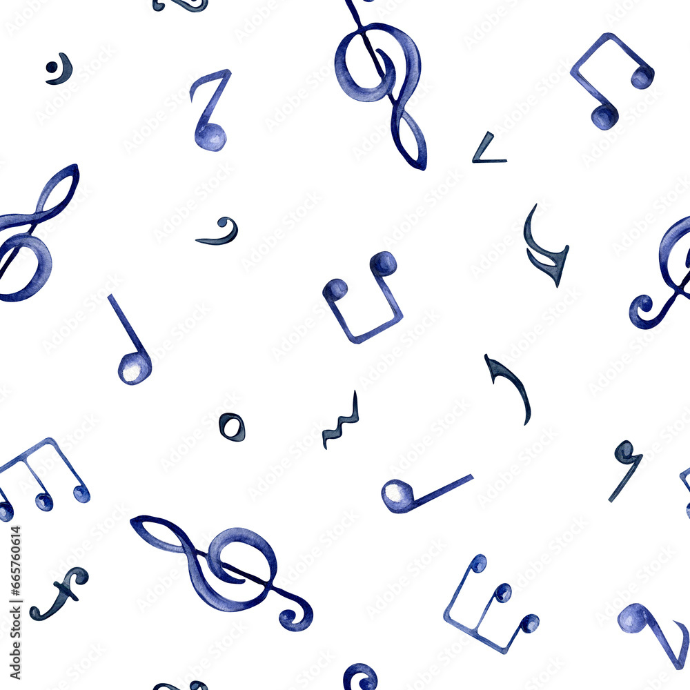 Musical note watercolor seamless pattern. Treble clef and notes isolated on white background. Endless print of musical signs hand drawn. Musical symbols hand painted. Design element for paper Musical note watercolor seamless pattern. Treble clef and notes isolated on white background. Endless print of musical signs hand drawn. Musical symbols hand painted. Design element for paper
