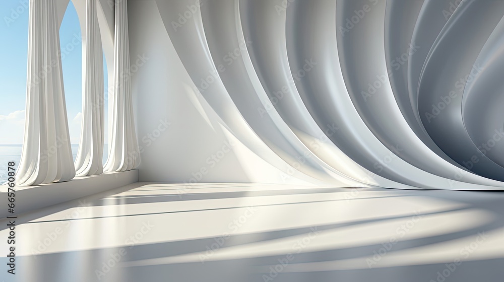 Light and shadows lines from curtain and silates on the white wall. Sunny day, the sun rays. Mockup, copy space for text. Background with shadow. Generative AI Light and shadows lines from curtain and silates on the white wall. Sunny day, the sun rays. Mockup, copy space for text. Background with shadow. Generative AI