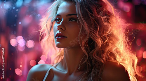High Fashion model girl in colorful bright neon lights posing in studio through transparent film. Portrait of beautiful woman in UV. Art design colorful make up. Model illustration. Generative AI