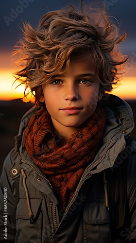 Portrait of a 10 year old boy outside at sunset. People portrait illustration. Generative AI © tanyastock
