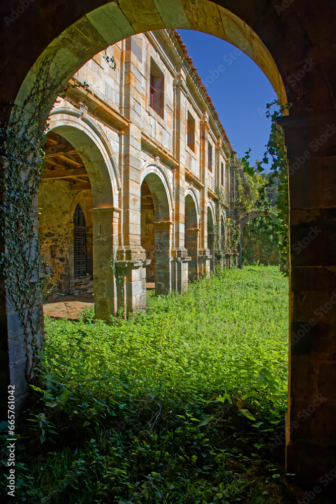 OBONA, SPAIN, October 2, 2023 : Ruins of cloister, remained uncompleted, of Monastery Santa Maria la Real d'Obona