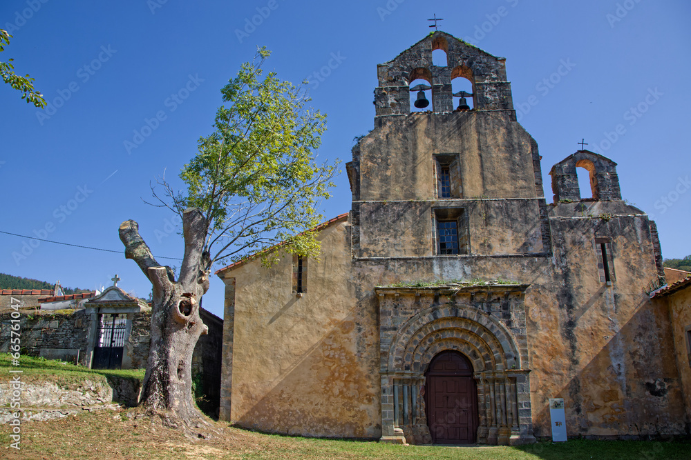 OBONA, SPAIN, October 2, 2023 : The Romanesque church of Monastery Santa Maria la Real d'Obona dates from the 12th century