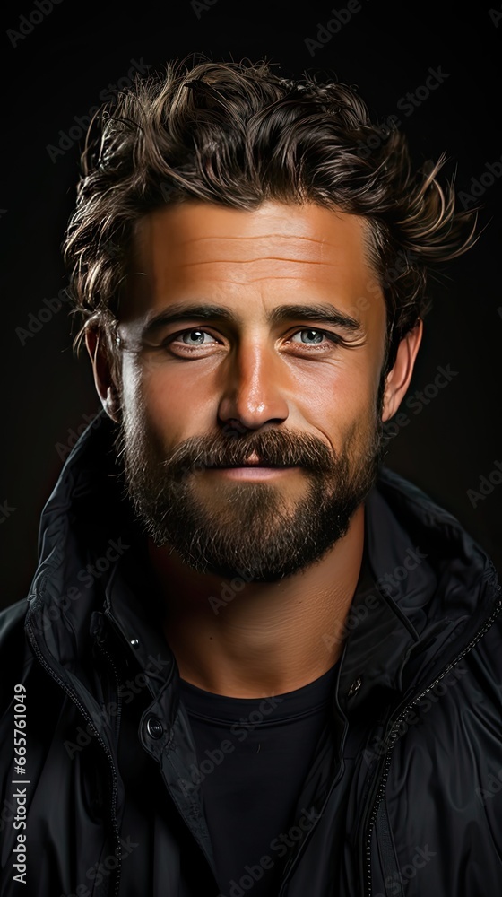 Closeup portrait of european handsome man 30s having bristle smiling at camera over background. Man face portrait illustration. Generative AI Closeup portrait of european handsome man 30s having bristle smiling at camera over background. Man face portrait illustration. Generative AI