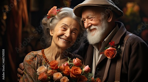 Elderly couple. Joyful nice elderly couple smiling while being in a great mood. Smile emotion illustration. Generative AI