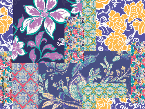 patchwork floral pattern with paisley and indian flower motifs. damask style pattern for textil and decoration