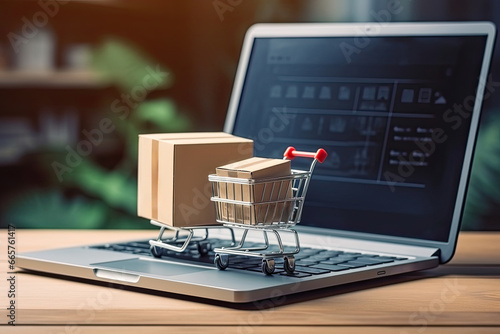 Business concept for e-commerce and online shopping with laptop, shopping cart and parcel delivery icons.