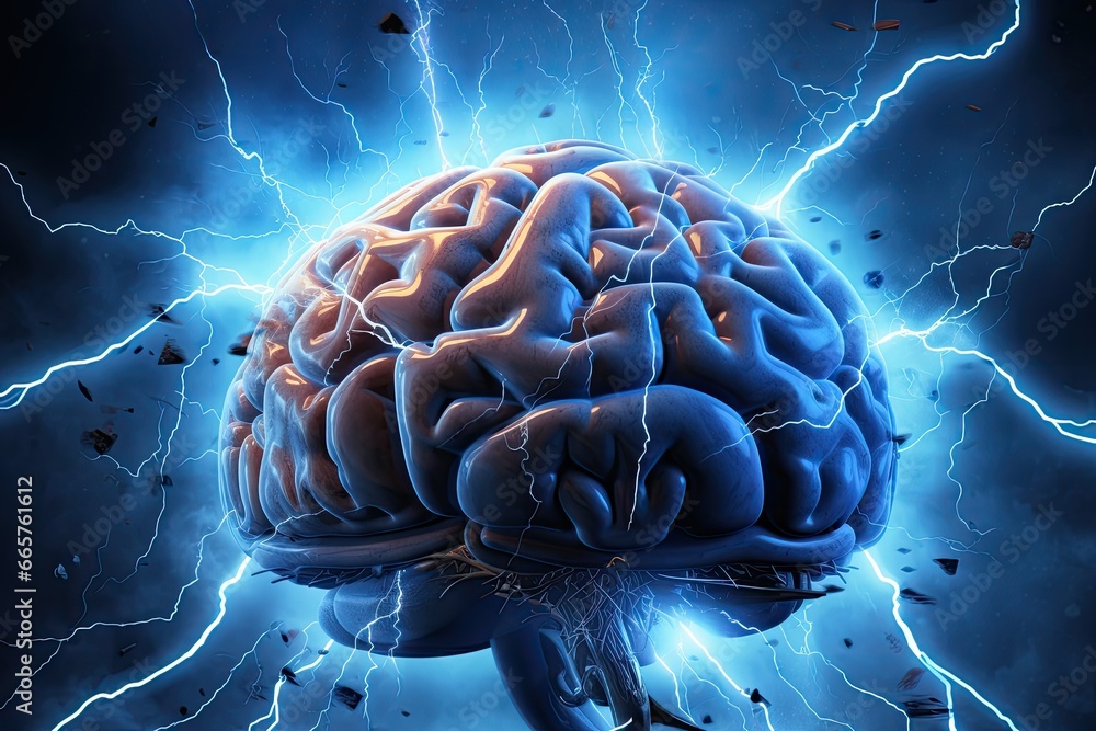 Human brain with lightning strike effect. Mental health, anatomy, science and knowledge concept. - obrazy, fototapety, plakaty 