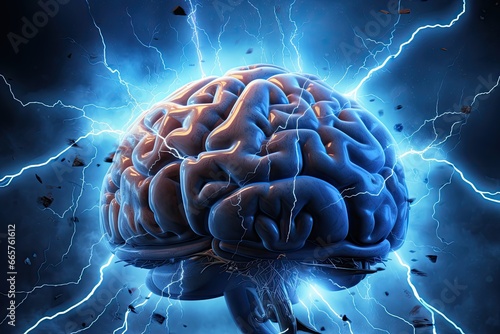 Human brain with lightning strike effect. Mental health, anatomy, science and knowledge concept. photo