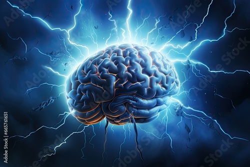 Human brain with lightning strike effect. Mental health, anatomy, science and knowledge concept. photo