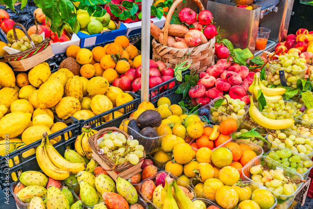 Variety of fresh exotic fruit at a market on Capri island, Italy