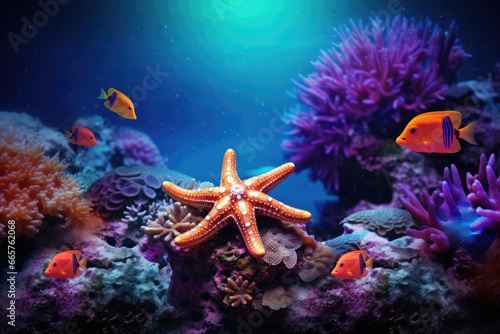 Ocean Symphony: The Graceful Elegance of an Underwater Starfish Perched Upon Vibrant Coral Reefs © Infinite Shoreline