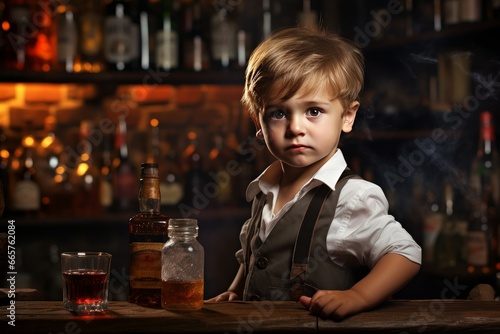 Grizzled Bartender child boy old bar. Tap shaker. Generate Ai