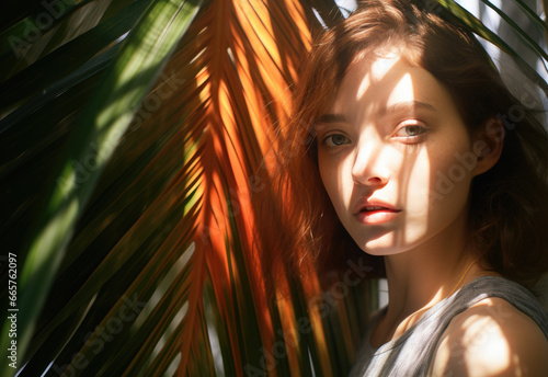 A captivating portrait of a girl with long hair standing in front of a vibrant leaf, her human face radiating strength and beauty