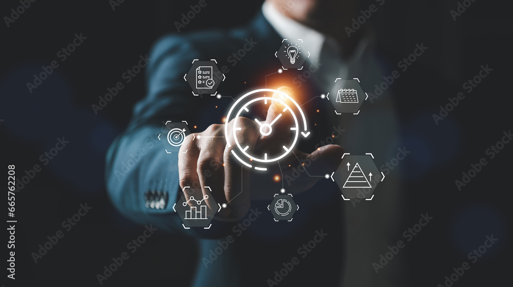 Business person with time management activity to improve productivity, process optimization and lean organization. Business and production improvement by time and resource planning for more profit. - obrazy, fototapety, plakaty 