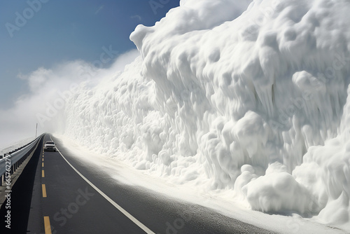 Highway in winter with high snowdrift on one side