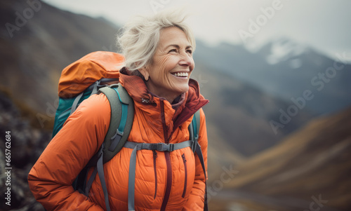 An elderly woman climbs to the top of a mountain with a backpack and smiles happily photo