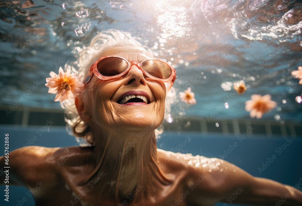 Elderly woman swimming underwater. Happy elderly woman enjoys diving