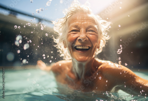 An elderly woman enjoys swimming in the pool © familymedia