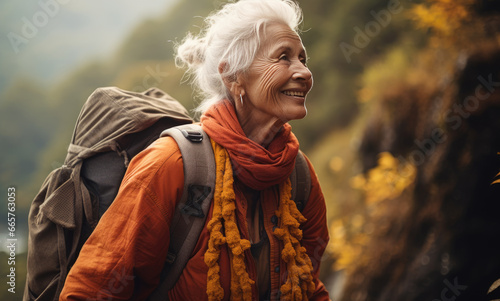 Senior woman climbs to the top of the mountain with a backpack.