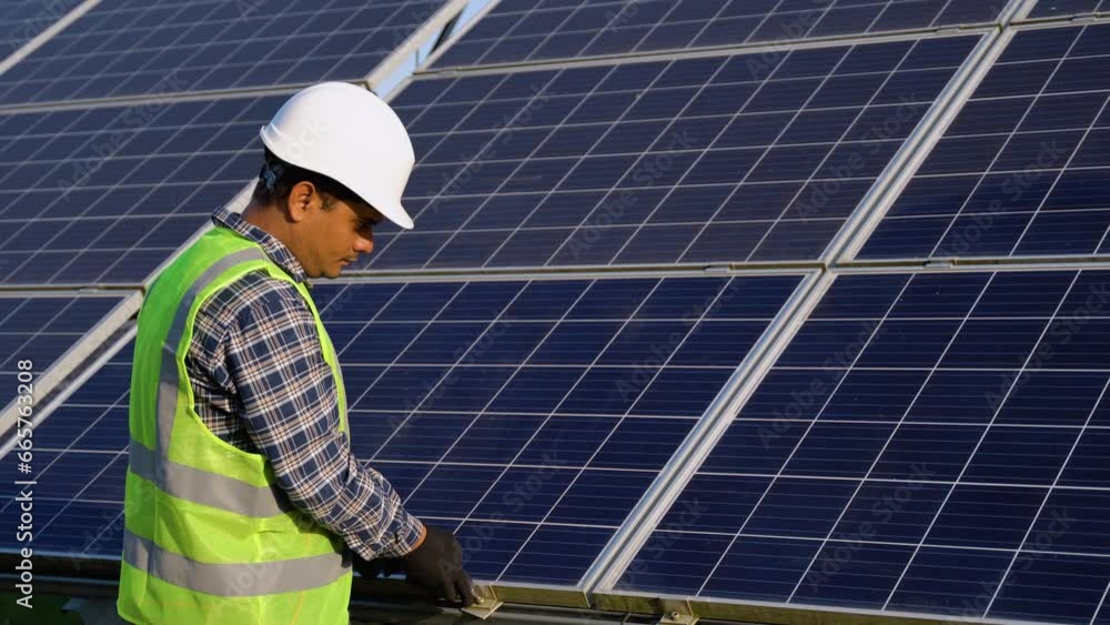 Indian engineer working setup solar panel at the roof top Indian engineer working setup solar panel at the roof top