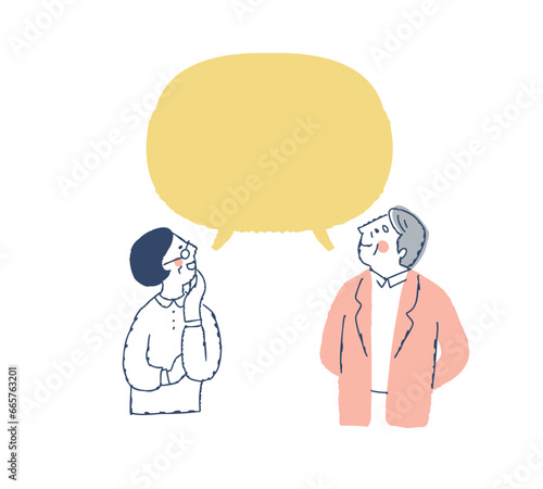 吹き出しと笑顔のシニアカップル