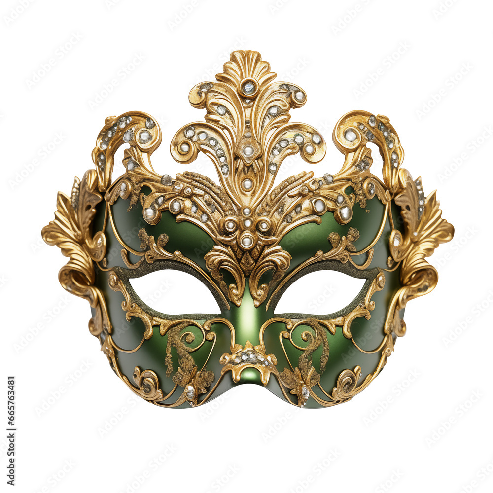 A Green and gold Venetian mask from seventeenth-century for a carnival party in Venice, isolated on transparent background, cutout and suitable for use in various visual contexts	

