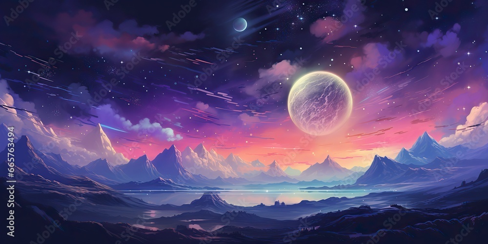 AI Generated. AI Generative. Pink purple abstract galaxy space planet landscape background with mountains. Graphic Art