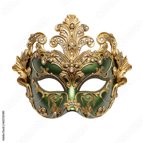 A Green and gold Venetian mask from seventeenth-century for a carnival party in Venice, isolated on transparent background, cutout and suitable for use in various visual contexts 