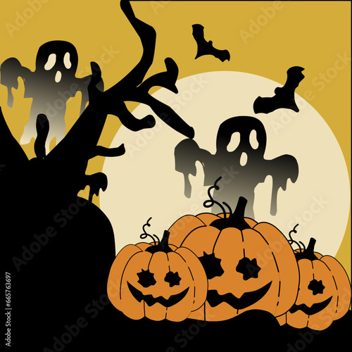 Halloween background design. Happy halloween trick or treat text with cute ghost and pumpkins element for spooky yard party celebration