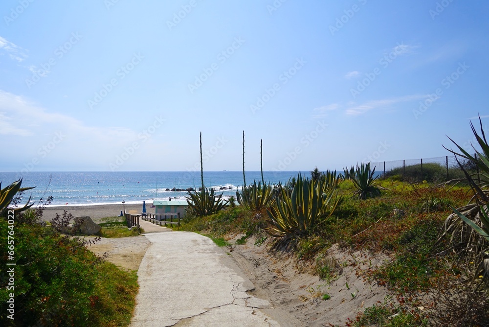 path with agaves at the side to the beach in La Alcaidesa, Costa del Sol, Andalusia, Malaga, Spain